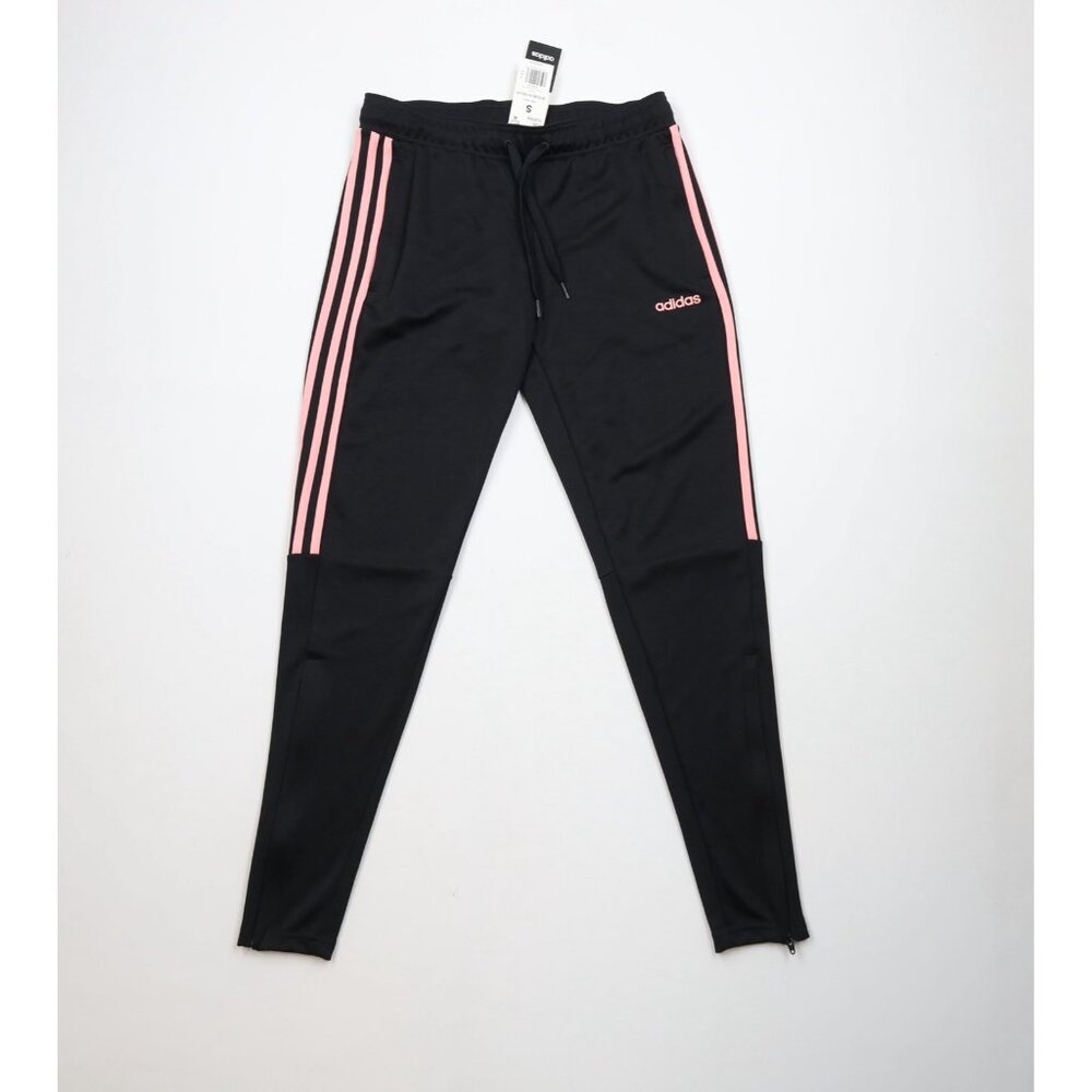New Adidas Womens Small Spell Out Striped Tapered Leg Soccer Warm Up Pants Black
